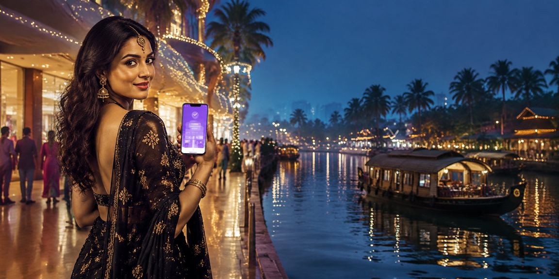 Man placing sports bets on mobile in Kerala backwaters
