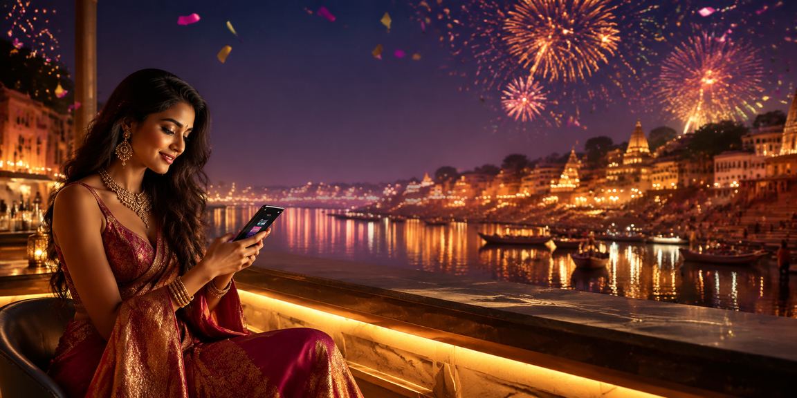 Indian man betting on sports using mobile on Varanasi Ghat